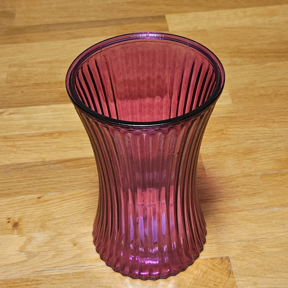 Purple Ribbed Glass Vase Fluted Hourglass Flower Vase 8" Decorative Home Decor